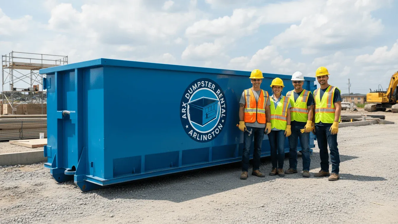 Roll-off dumpster on a residential construction site near Arlington, TX