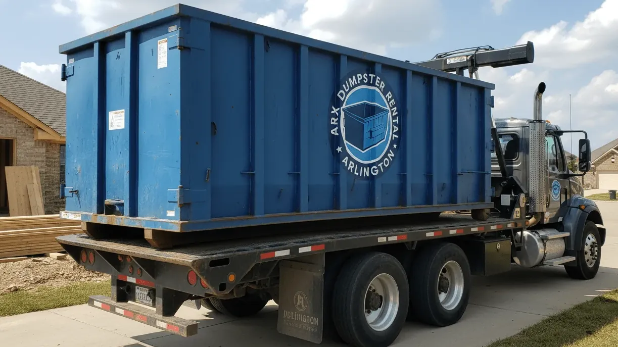 Driveway protection during dumpster delivery in Arlington — protection boards under the container rails