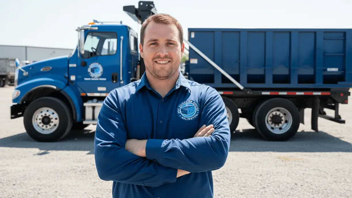 ARX Dumpster Rental driver talking a customer through container placement in Arlington, TX