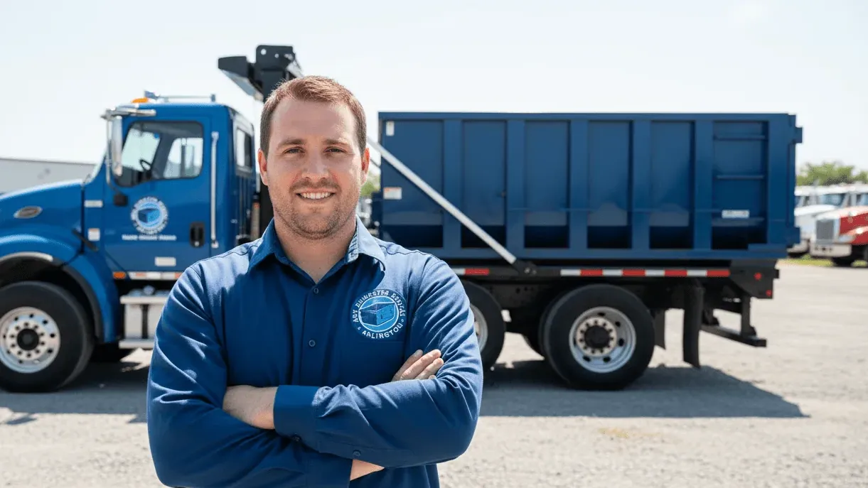 Dumpster rental cost in Arlington, Texas — driver going over a flat-rate quote with a customer at the truck