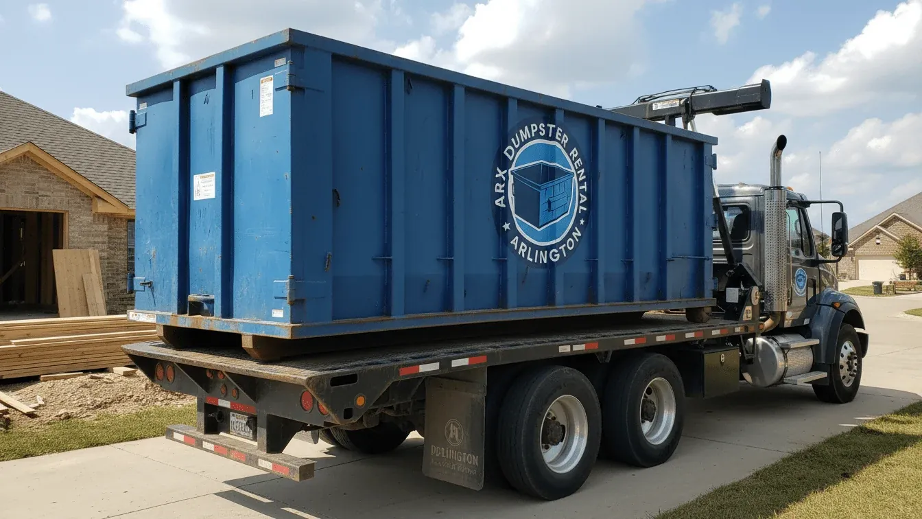 Roll-off truck delivering a 30 yard dumpster on a residential street in Arlington, TX