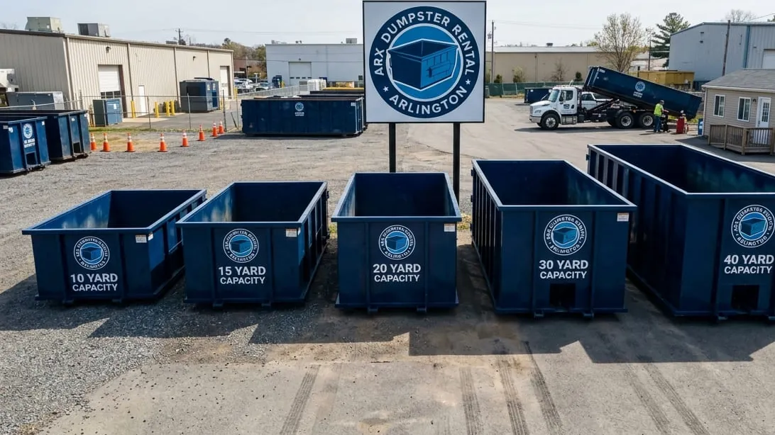 What size dumpster do I need in Arlington — roll-off containers lined up by size at the Commercial Boulevard yard